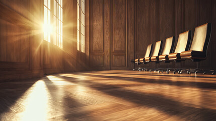 Poster - A sunlit room with polished wooden floors and stylish chairs, creating an inviting and warm atmosphere
