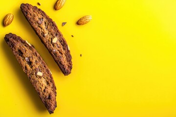 Poster - Two pieces of chocolate cookie on a bright yellow background, perfect for food or dessert photography