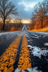Poster - A snowy road with trees in the background, perfect for winter scenes or travel images