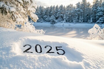 Poster - A serene winter scene featuring a snow-covered field, a lake, and surrounding trees