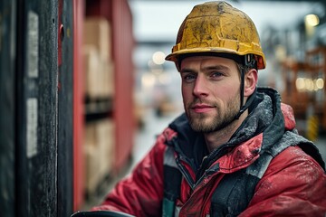 Poster - A worker wearing a hard hat sits in a dimly lit warehouse, surrounded by storage containers and machinery