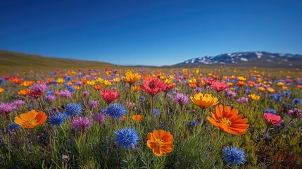 Poster - Field of colorful flowers against a mountain backdrop