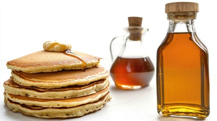 Poster - Pancakes With Maple Syrup on White Background Generative AI