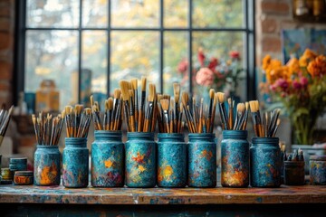 Poster - A collection of paint brushes stored in a glass jar on a table, ready for use