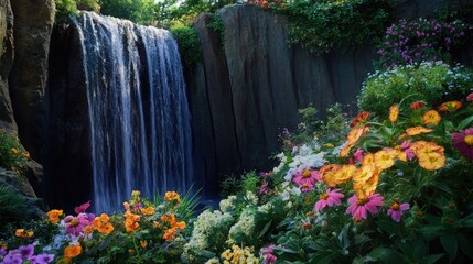 Poster - A serene waterfall surrounded by dense foliage and vibrant greenery