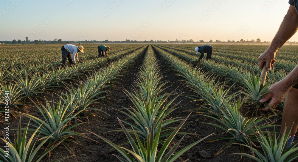 Campesinos cosechando piñas en amplias plantaciones al amanecer con ...