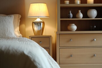 Poster - A serene bedroom with a well-made bed and a lamp, perfect for a relaxing atmosphere