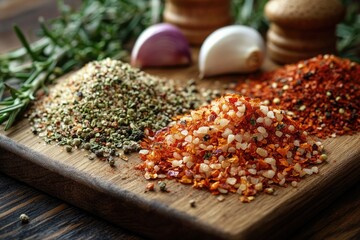 Poster - A wooden cutting board featuring various types of spices, ideal for cooking and baking
