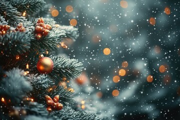 Poster - A close-up of a Christmas tree with bright lights in the background, perfect for holiday-themed designs and decorations