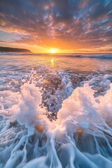 Poster - A warm sunset on the ocean with waves and clouds