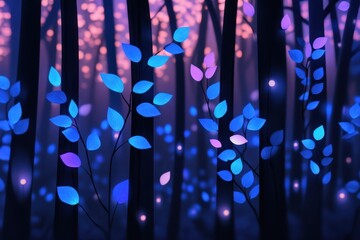 Canvas Print - Glowing Blue Leaves in a Dark Forest at Night