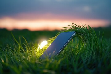 Leinwandbilder - A cell phone lying on grass, possibly lost or forgotten