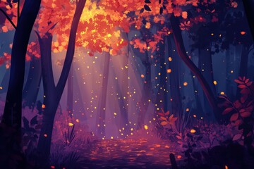 Wall Mural - Autumnal Forest Path Glowing With Falling Leaves