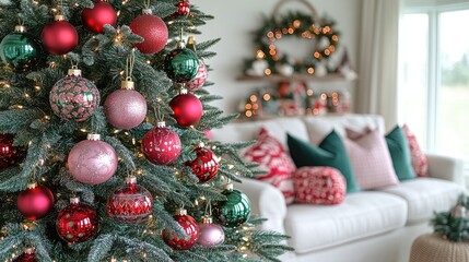 Aufkleber - A beautifully decorated Christmas tree in a cozy living room setting
