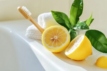 Poster - A simple still life scene of two lemons and a toothbrush placed on a countertop