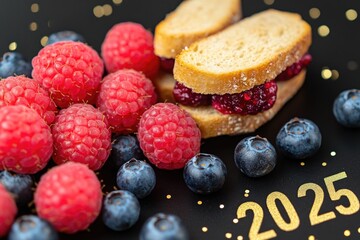 Poster - A sandwich filled with raspberries and blueberries on a dark surface, perfect for food photography or illustration