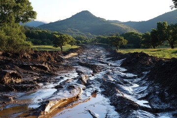 Aufkleber - A muddy road leads to a mountain in the background, with lush greenery and a peaceful atmosphere