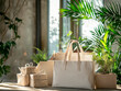 © Julllia - Still life with beige canvas bags, gift boxes and indoor plants on a wooden table against the background of a blurred interior with tropical plants.