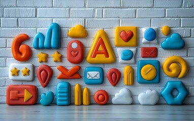 Poster - Colorful 3D app icons on a white brick wall.