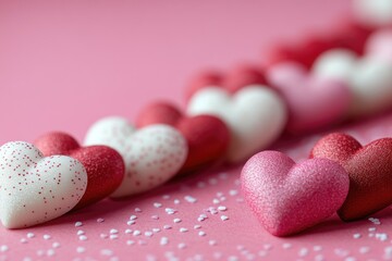 Poster - A row of red and white hearts on a pink background, ideal for romantic occasions or Valentines Day decorations
