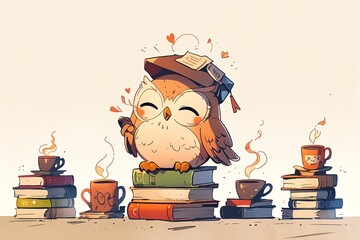 Wall Mural - Adorable Owl Scholar Surrounded by Books and Coffee