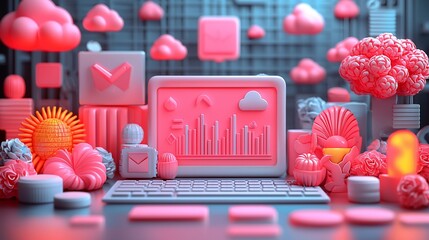 Poster - Abstract digital data visualization on computer screen with colorful 3D objects.