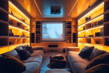 Poster - A modern living room with comfortable couches and a large projector screen for entertainment