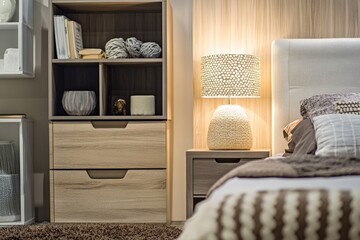 Aufkleber - A cozy bedroom scene with a made bed and a nightstand, perfect for interior design or personal use