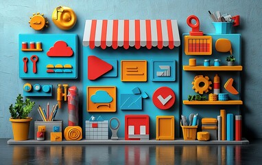 Poster - Colorful 3D illustration of online shop interface with various icons.