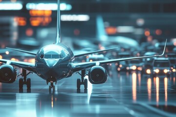 Poster - A large commercial airliner sitting on an airport runway, ready for takeoff
