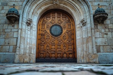 Poster - A large wooden door set within a stone building