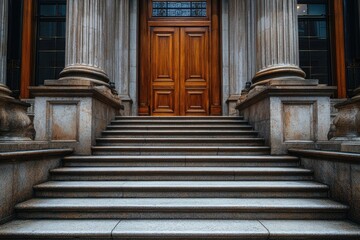 Poster - A simple wooden door with steps leading up to a building