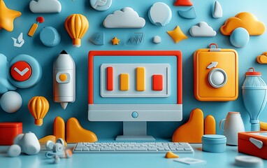 Poster - Computer screen displaying bar graph surrounded by colorful 3D icons representing ideas, growth, and progress.