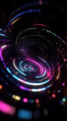 Poster - Abstract digital art with colorful circles and dots on a black background forming a spiral shape