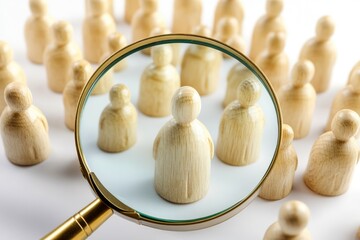 Poster - A close-up view of a magnifying glass examining wooden figurines