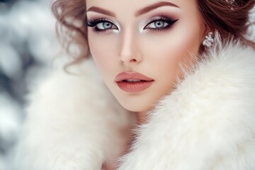 Aufkleber - A woman wearing a white fur coat standing still, possibly waiting or observing something