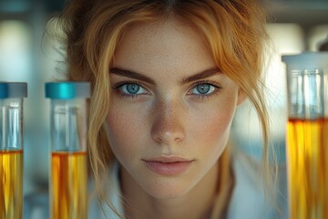 Poster - A woman holds a collection of test tubes in front of her face, possibly for protection or as a prop