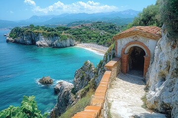 Poster - A stone path leading to a beach near the ocean, suitable for use in travel or outdoor recreation images
