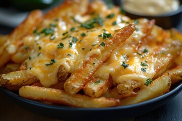 Poster - A plate of crispy French fries smothered in melted cheese, perfect for snacking or serving at a party