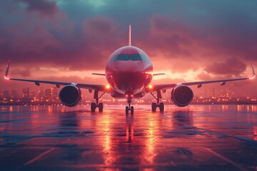 Poster - A commercial airliner parked at the airport terminal, suitable for use in travel, transportation, or infrastructure related contexts