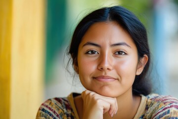 Aufkleber - A woman sits comfortably on a bright yellow wall, possibly reflecting or contemplating