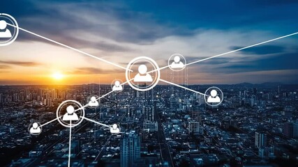 Poster - Witness a stunning city skyline at sunset where digital connections illustrate the impact of technology on urban life