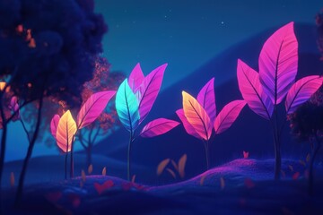 Canvas Print - Neon Plants Glow Brightly In A Nighttime Forest Scene