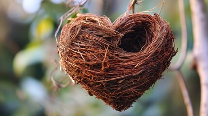 Wall Mural - A natural bird's nest suspended from a tree branch, with leaves and branches in the background