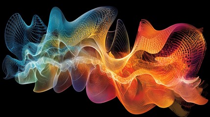 Poster - Abstract flowing lines in a gradient of blues and oranges against black background