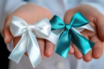 Aufkleber - A person holding a pair of blue and white bows, suitable for various occasions such as gift-giving or decoration