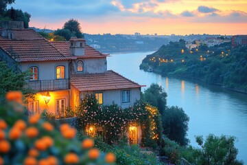 Poster - A single-family home situated on a hill with a view of the lake or sea