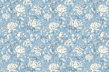 Poster - Floral Toile Tapestry Pattern. Vintage botanical wallpaper pattern. Background image. Created with Generative AI technology