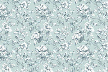 Poster - Floral Toile Tapestry Pattern. Vintage botanical wallpaper pattern. Background image. Created with Generative AI technology