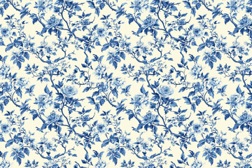 Poster - Floral Toile Tapestry Pattern. Vintage botanical wallpaper pattern. Background image. Created with Generative AI technology